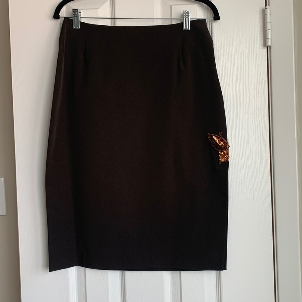 RK Chocolate Brown Stretch Skirt with Butterfly Appliqué Detail on Side Slit